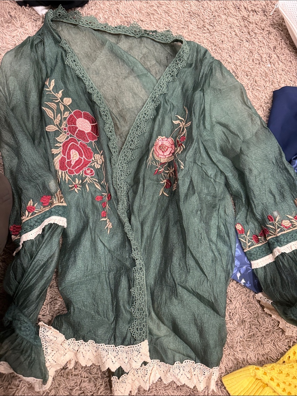 Green Embroidered Lace-Trim Women's Top